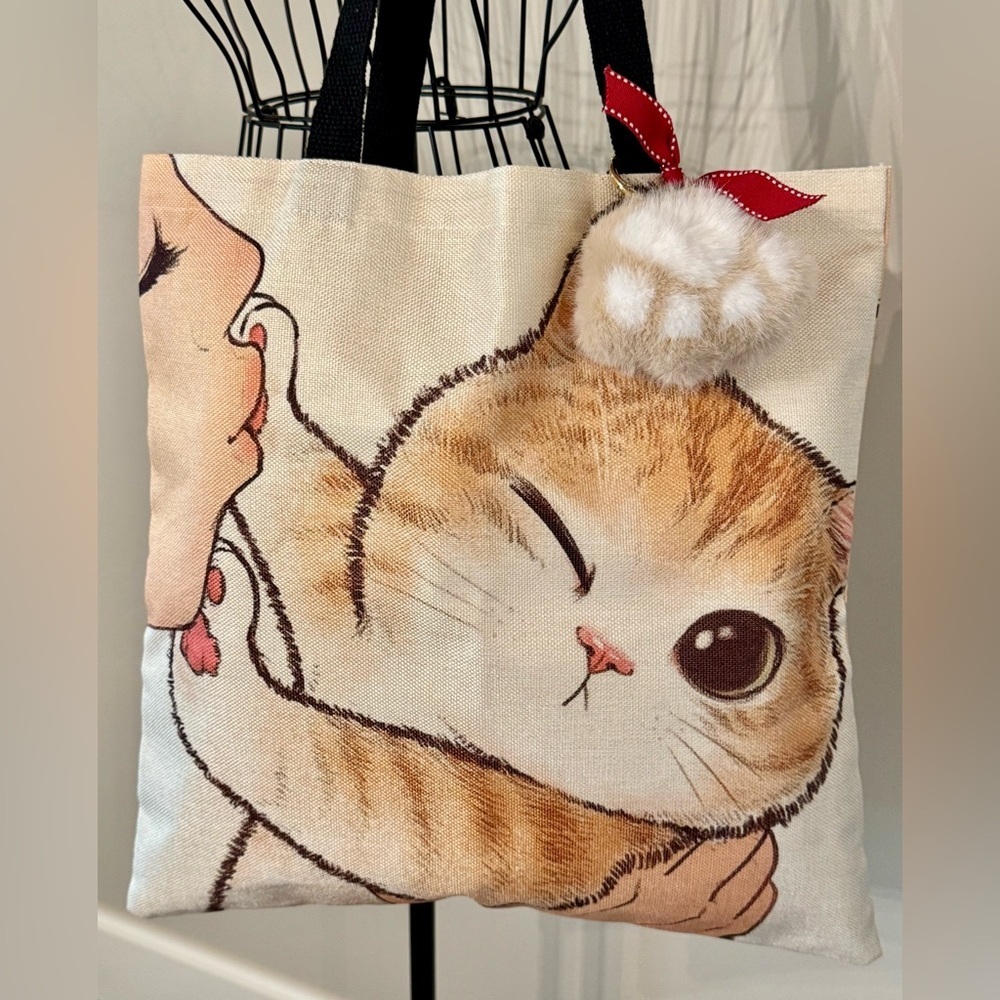 New Sassy Orange Cat Shopping Bag Purse Tote w/ Fuzzy Paw & Ribbon Charm - 16”